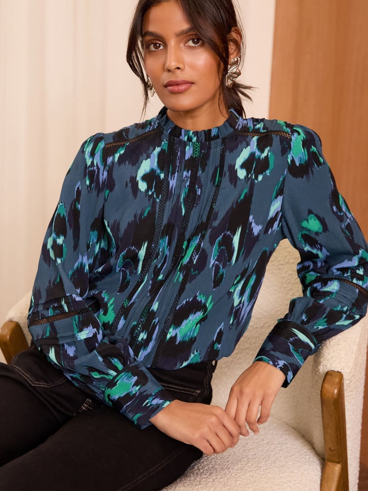 Love & Roses Blue Animal Ruffle Neck Pintuck Detail Long Sleeve Blouse - Image 1 of 4 Love & Roses Blue Animal Ruffle Neck Pintuck Detail Long Sleeve Blouse - Image 1 of 4