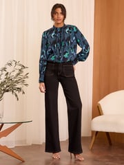 Love & Roses Blue Animal Ruffle Neck Pintuck Detail Long Sleeve Blouse - Image 3 of 4