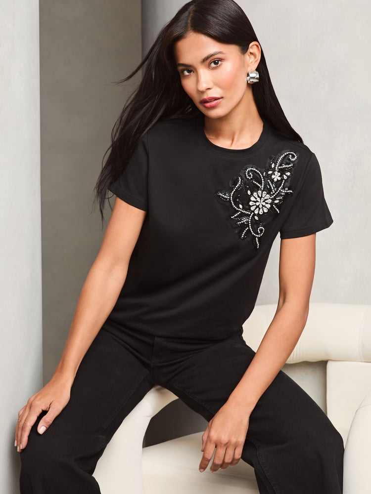 Lipsy Black Embellished T-Shirt - Image 1 of 4