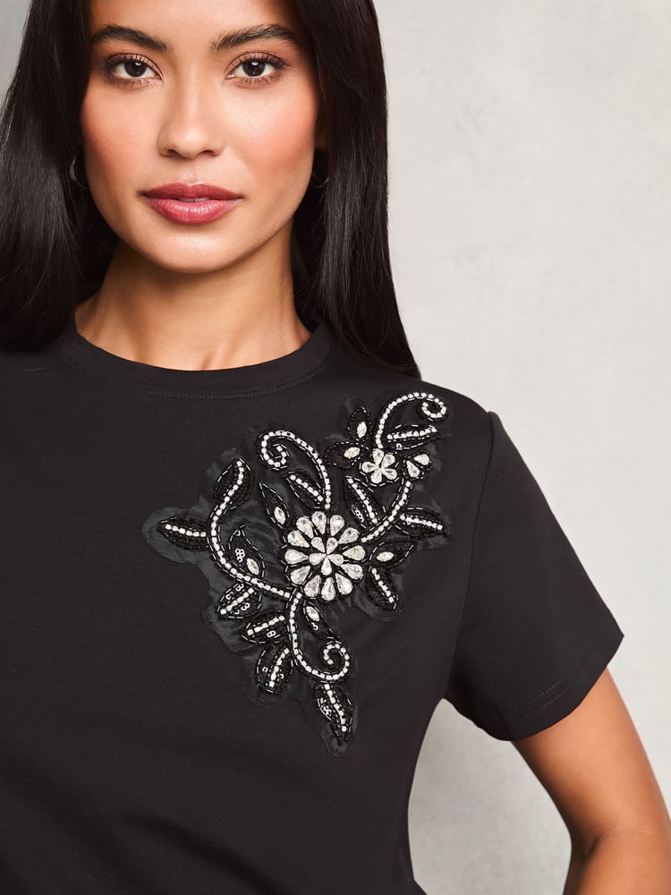 Lipsy Black Embellished T-Shirt - Image 2 of 4 Lipsy Black Embellished T-Shirt - Image 2 of 4