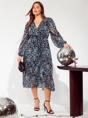 Friends Like These Blue Curve Long Sleeves Printed Wrap Midi Dress - Image 1 of 4