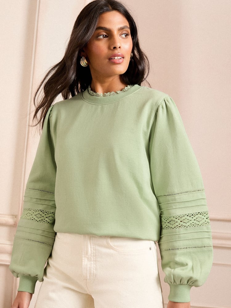 Love & Roses Sage Green Pintuck Jersey Sweatshirt - Image 1 of 4 Love & Roses Sage Green Pintuck Jersey Sweatshirt - Image 1 of 4