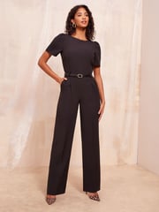 Friends Like These Black Petite Boat Neck Tailored Jumpsuit With Belt Detail - Image 1 of 4
