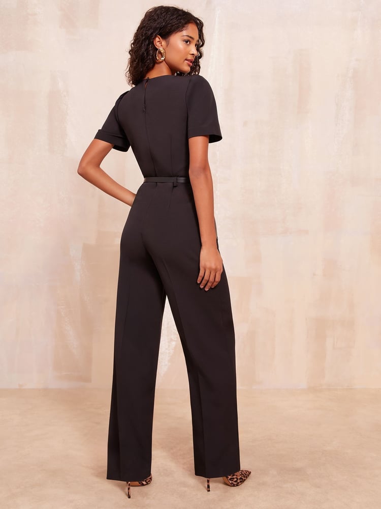 Friends Like These Black Petite Boat Neck Tailored Jumpsuit With Belt Detail - Image 4 of 4