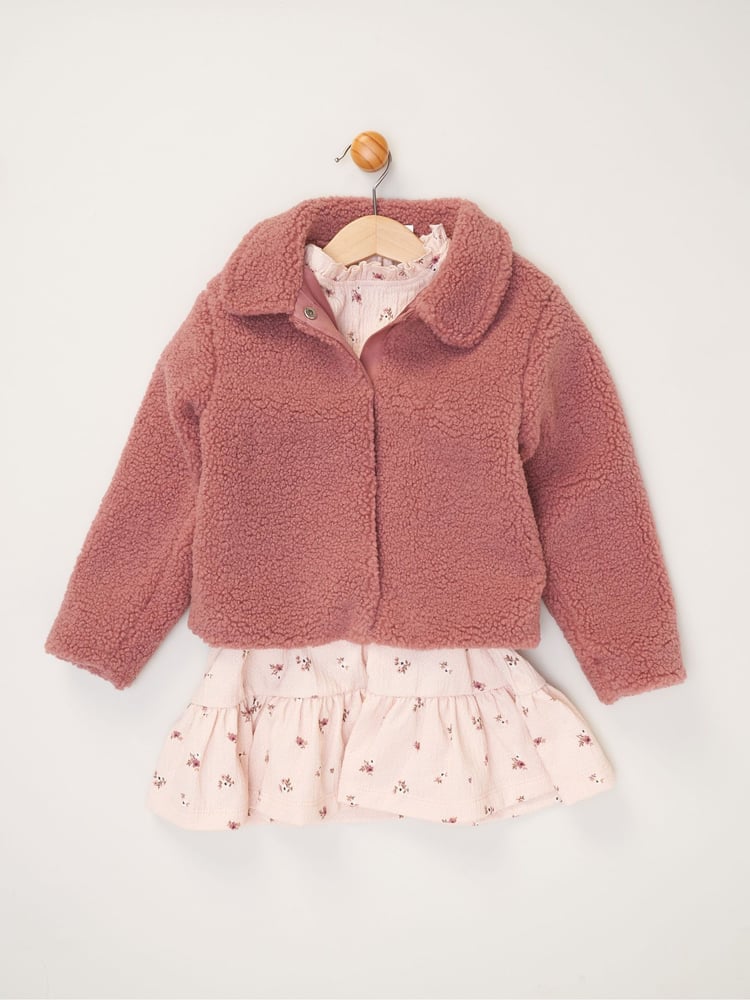 Miss Girls Faux Fur Jacket, Dress And Tights Outfit Set - Image 1 of 4