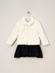 Miss Girls Faux Fur Jacket, Dress And Tights Outfit Set - Image 1 of 4