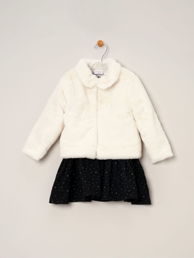Miss Girls Faux Fur Jacket, Dress And Tights Outfit Set - Image 1 of 4