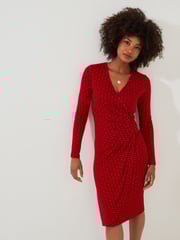 Joe Browns Red Retro Geometric Print Flattering Ruched Jersey Dress - Image 3 of 7