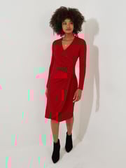 Joe Browns Red Retro Geometric Print Flattering Ruched Jersey Dress - Image 4 of 7