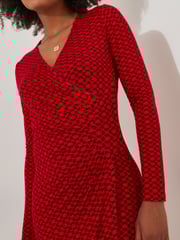 Joe Browns Red Retro Geometric Print Flattering Ruched Jersey Dress - Image 6 of 7