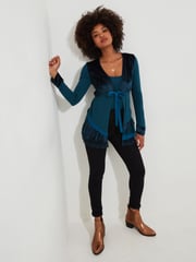 Joe Browns Blue Velour Longline Tie Front Layered Frilly Top - Image 3 of 7
