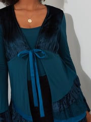 Joe Browns Blue Velour Longline Tie Front Layered Frilly Top - Image 5 of 7