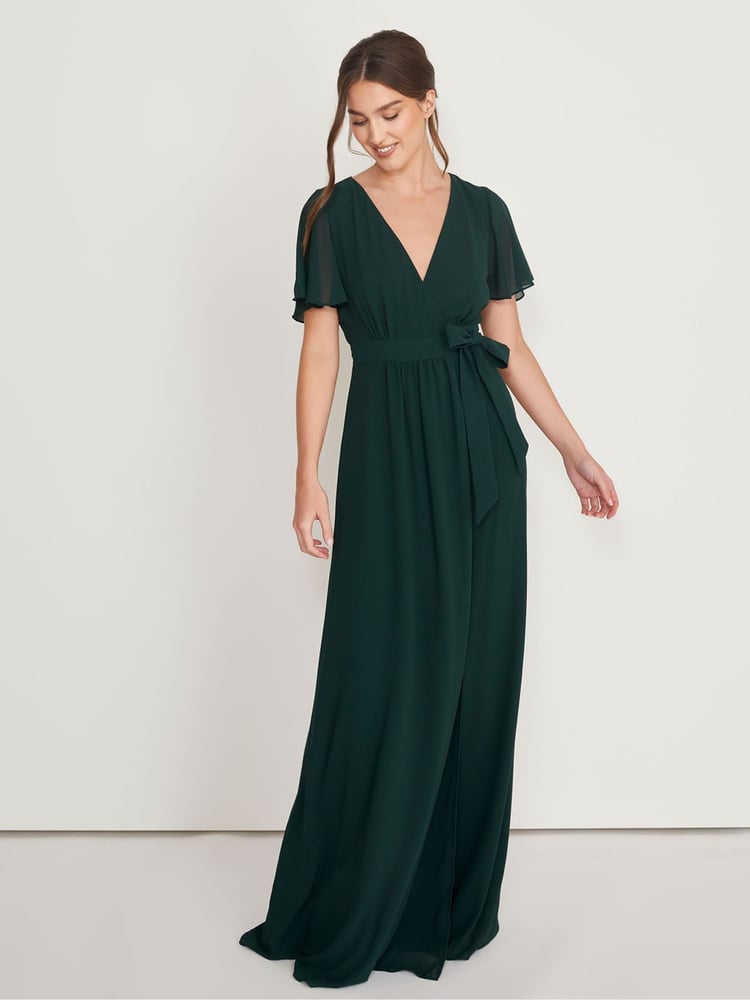 Six Stories Green Flutter Sleeve Wrap Tie Chiffon Flower Girl Dress - Image 1 of 6
