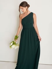 Six Stories Green One Shoulder Pleated Waist Chiffon Bridesmaid Dress - Image 5 of 6