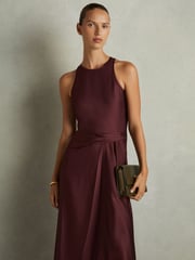 Reiss Burgundy Micah Petite Satin Drape Tuck Midi Dress - Image 1 of 7