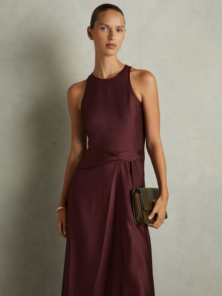Reiss Burgundy Micah Petite Satin Drape Tuck Midi Dress - Image 1 of 7