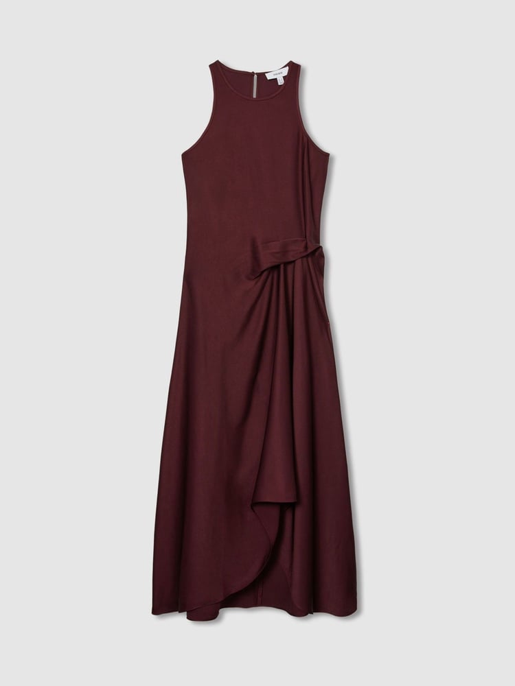 Reiss Burgundy Micah Petite Satin Drape Tuck Midi Dress - Image 2 of 7