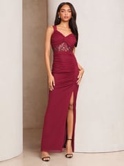 Lipsy Burgundy Red Lace Insert Corset Ruched Maxi Dress - Image 1 of 4