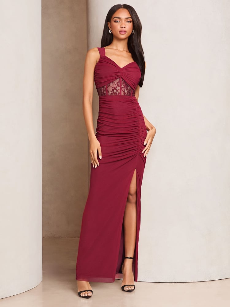 Lipsy Burgundy Red Lace Insert Corset Ruched Maxi Dress - Image 1 of 4