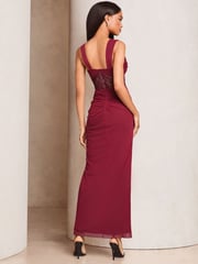 Lipsy Burgundy Red Lace Insert Corset Ruched Maxi Dress - Image 2 of 4