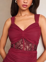 Lipsy Burgundy Red Lace Insert Corset Ruched Maxi Dress - Image 4 of 4