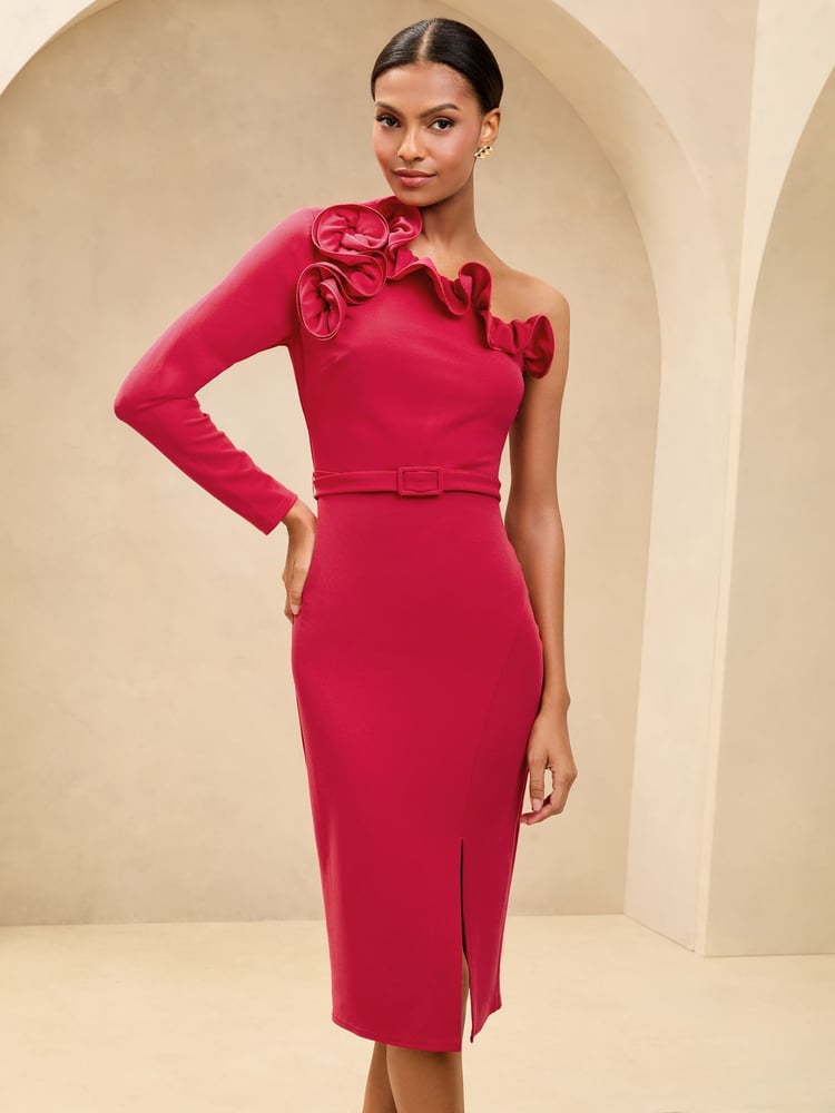 Lipsy Red Ruffle Neck One Shoulder Belted Bodycon Midi Dress - Image 1 of 4