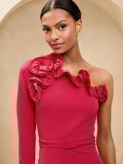 Lipsy Red Ruffle Neck One Shoulder Belted Bodycon Midi Dress - Image 2 of 4