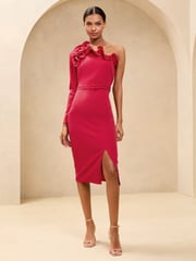 Lipsy Red Ruffle Neck One Shoulder Belted Bodycon Midi Dress - Image 3 of 4