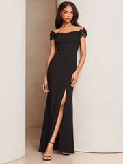 Lipsy Black Petite Embelished 3D Floral Trim Bardot Maxi Dress - Image 1 of 4