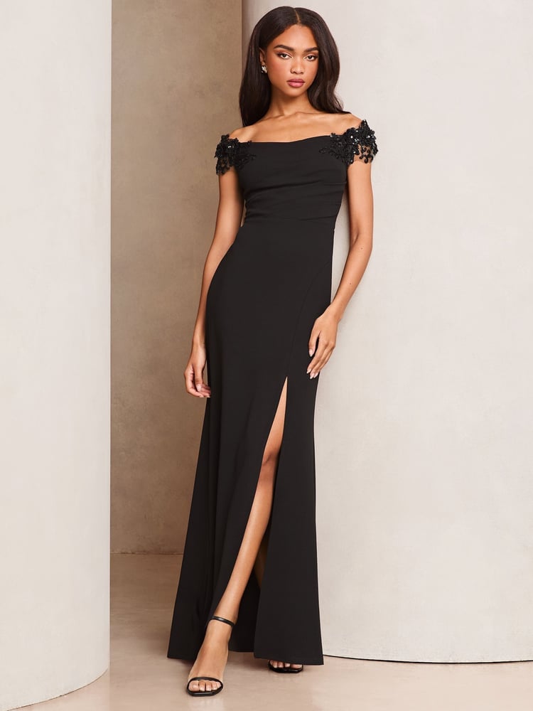 Lipsy Black Petite Embelished 3D Floral Trim Bardot Maxi Dress - Image 1 of 4