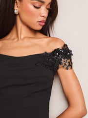 Lipsy Black Petite Embelished 3D Floral Trim Bardot Maxi Dress - Image 2 of 4