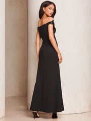 Lipsy Black Petite Embelished 3D Floral Trim Bardot Maxi Dress - Image 4 of 4