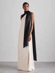 Reiss Black/Ivory Isobel Atelier Sash-Neck Satin Occasion Dress - Image 1 of 6