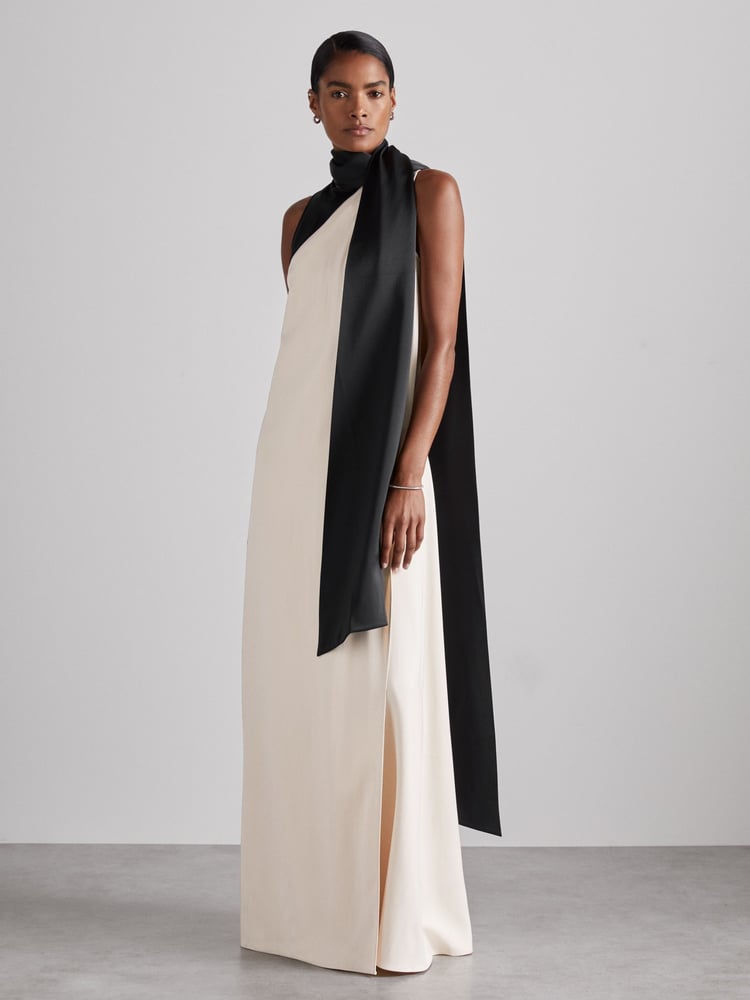 Reiss Black/Ivory Isobel Atelier Sash-Neck Satin Occasion Dress - Image 1 of 6