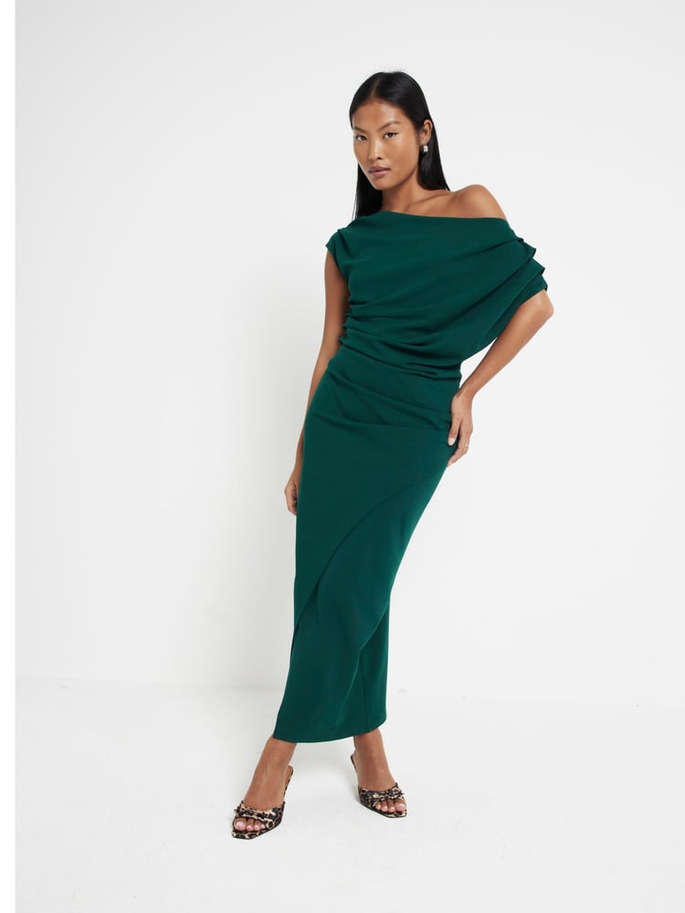 River Island Green Petite Drape Asym Wrap Midi Dress - Image 1 of 6
