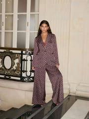 Burgundy Red/Ecru Cream Crinkle Satin Polka Dot Wide Trousers - Image 1 of 8