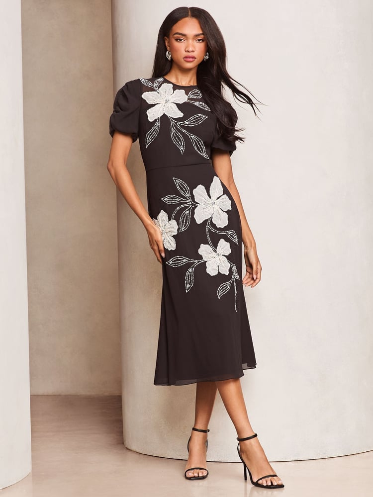 Lipsy Black & White Embroidered Floral Artwork Fit And Flare Premium Midi Occasion Dress - Image 1 of 4
