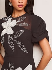 Lipsy Black & White Embroidered Floral Artwork Fit And Flare Premium Midi Occasion Dress - Image 2 of 4