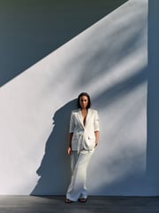 Black/White Striped Wide Leg Trousers with Linen - Image 2 of 9