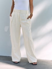 Black/White Striped Wide Leg Trousers with Linen - Image 3 of 9