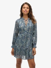 Superdry Blue Mini Printed Long Sleeve Metallic Dress - Image 1 of 4