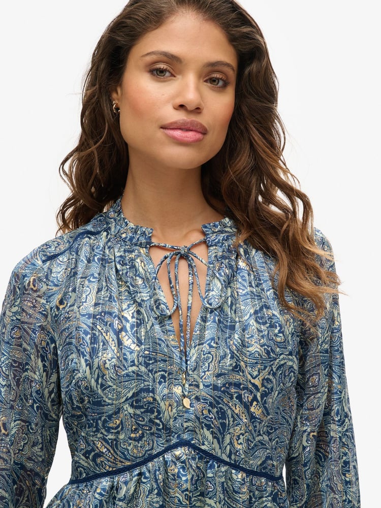 Superdry Blue Mini Printed Long Sleeve Metallic Dress - Image 2 of 4