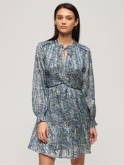 Superdry Blue Mini Printed Long Sleeve Metallic Dress - Image 3 of 4