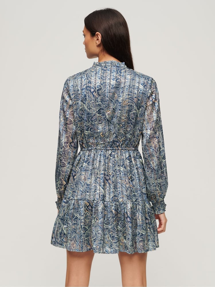 Superdry Blue Mini Printed Long Sleeve Metallic Dress - Image 4 of 4