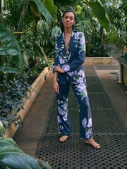 Navy Floral Kew Gardens Single Breasted Tailored Blazer with Linen - Image 2 of 5
