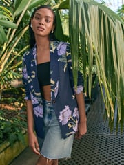 Navy Floral Kew Gardens Single Breasted Tailored Blazer with Linen - Image 3 of 5