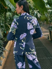 Navy Floral Kew Gardens Single Breasted Tailored Blazer with Linen - Image 4 of 5