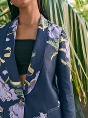 Navy Floral Kew Gardens Single Breasted Tailored Blazer with Linen - Image 5 of 5
