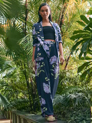 Navy Floral Kew Gardens Wide Leg Trousers with Linen - Image 1 of 4