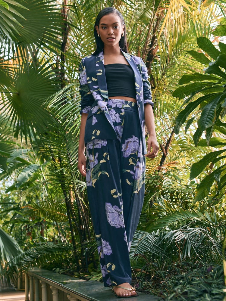 Navy Floral Kew Gardens Wide Leg Trousers with Linen - Image 1 of 4
